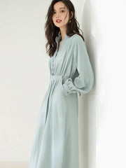 Maxi Dress V-Neck Polyester Casual Buttons Floor Length Dress