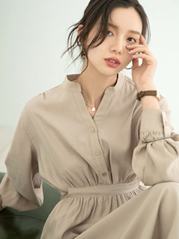 Maxi Dress V-Neck Polyester Casual Buttons Floor Length Dress