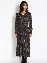 Maxi Dress V-Neck Retro Floral Print Pleated Long Dress