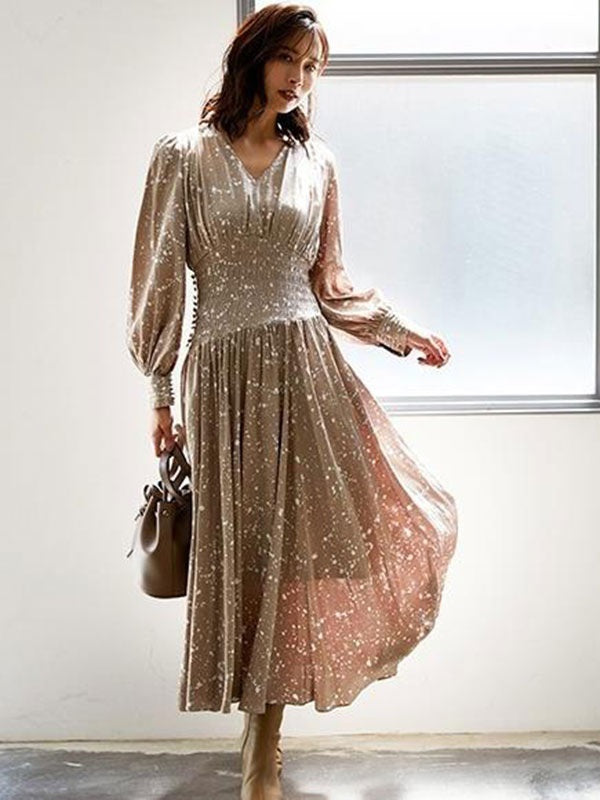 Maxi Dress V-Neck Retro Floral Print Pleated Long Dress