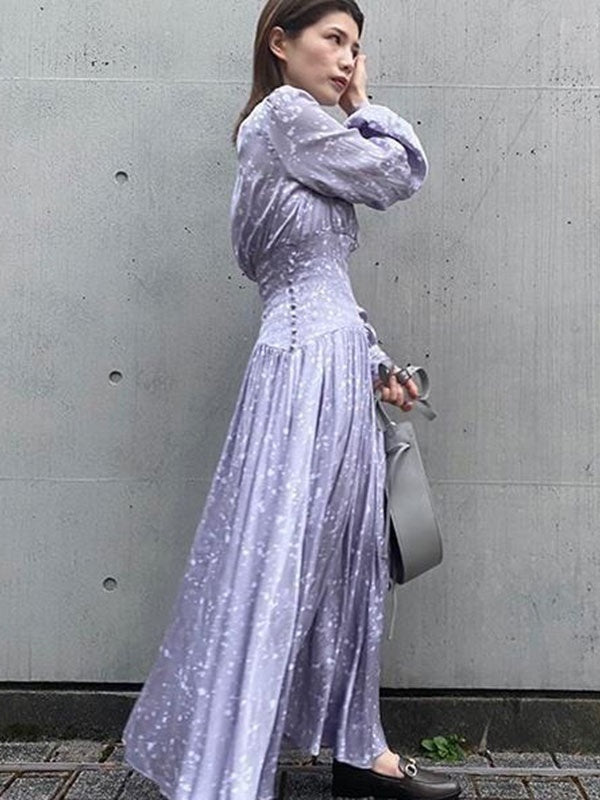 Maxi Dress V-Neck Retro Floral Print Pleated Long Dress