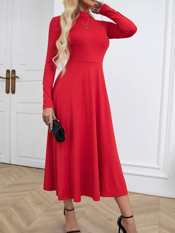 Maxi Dress Zipper Casual High Collar Long Sleeves Dress