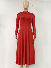 Maxi Dress Zipper Casual High Collar Long Sleeves Dress