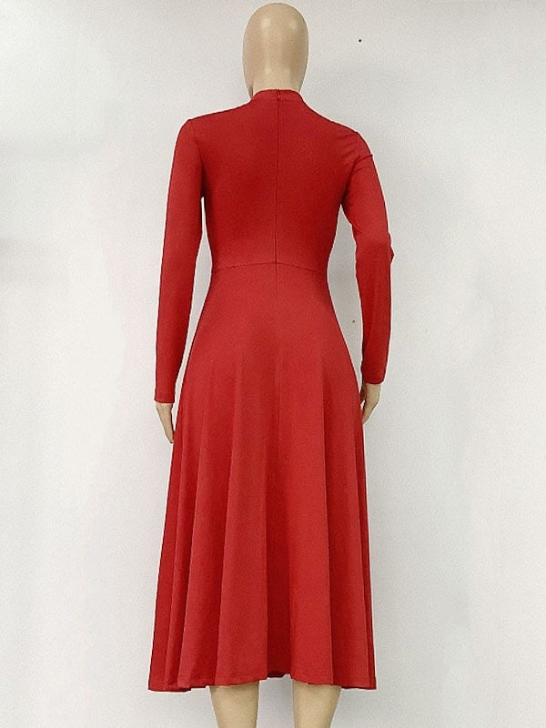 Maxi Dress Zipper Casual High Collar Long Sleeves Dress