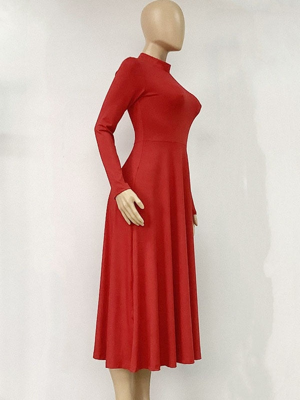Maxi Dress Zipper Casual High Collar Long Sleeves Dress
