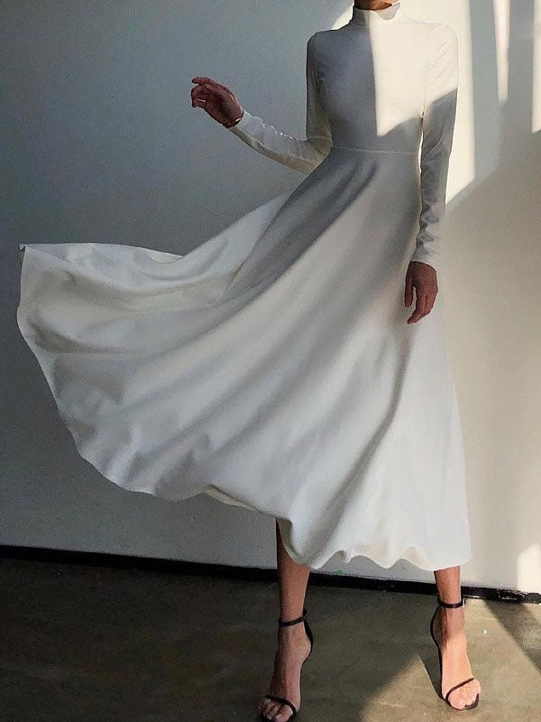 Maxi Dress Zipper Casual High Collar Long Sleeves Dress