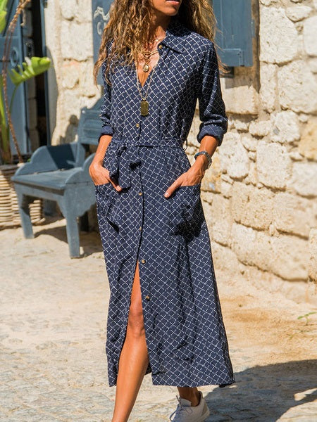 Maxi Dresses Chiffon Long Sleeves Printed Turndown Collar Shirt Dress
