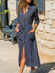 Maxi Dresses Chiffon Long Sleeves Printed Turndown Collar Shirt Dress