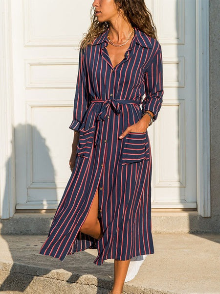 Maxi Dresses Chiffon Long Sleeves Printed Turndown Collar Shirt Dress