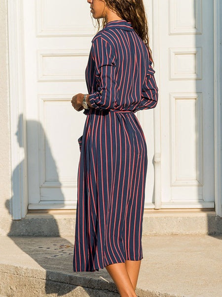 Maxi Dresses Chiffon Long Sleeves Printed Turndown Collar Shirt Dress