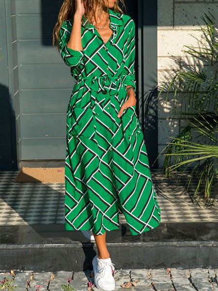 Maxi Dresses Chiffon Long Sleeves Printed Turndown Collar Shirt Dress