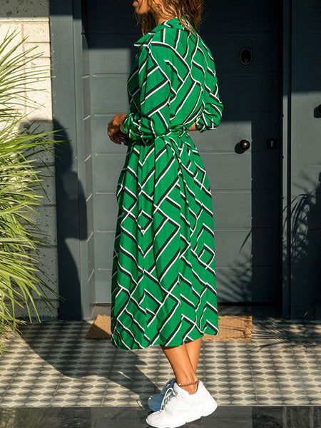 Maxi Dresses Chiffon Long Sleeves Printed Turndown Collar Shirt Dress
