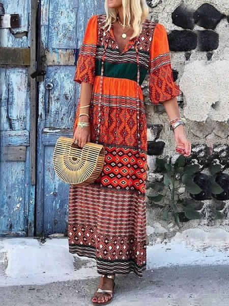 Maxi Dresses Designed Neckline Half Sleeves Printed Lace Up Boho Dress