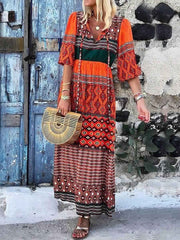 Maxi Dresses Designed Neckline Half Sleeves Printed Lace Up Boho Dress