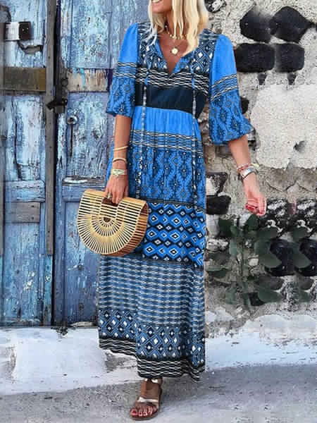 Maxi Dresses Designed Neckline Half Sleeves Printed Lace Up Boho Dress
