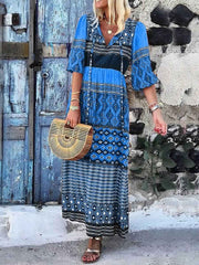 Maxi Dresses Designed Neckline Half Sleeves Printed Lace Up Boho Dress