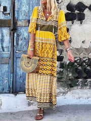 Maxi Dresses Designed Neckline Half Sleeves Printed Lace Up Boho Dress