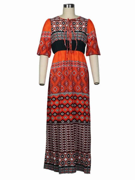 Maxi Dresses Designed Neckline Half Sleeves Printed Lace Up Boho Dress