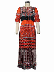 Maxi Dresses Designed Neckline Half Sleeves Printed Lace Up Boho Dress