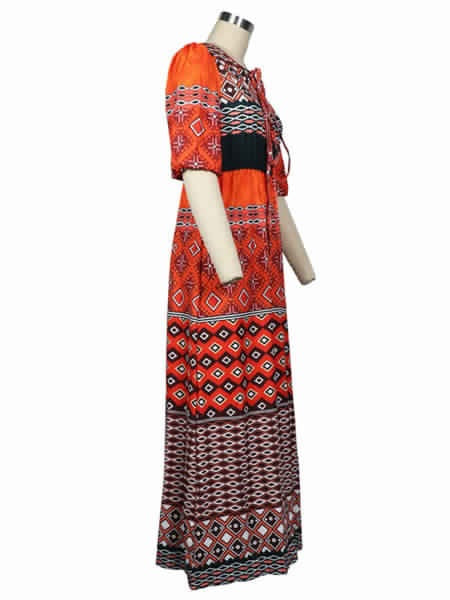 Maxi Dresses Designed Neckline Half Sleeves Printed Lace Up Boho Dress