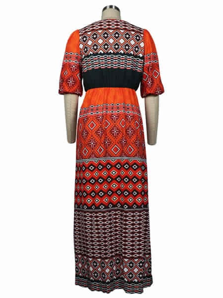 Maxi Dresses Designed Neckline Half Sleeves Printed Lace Up Boho Dress