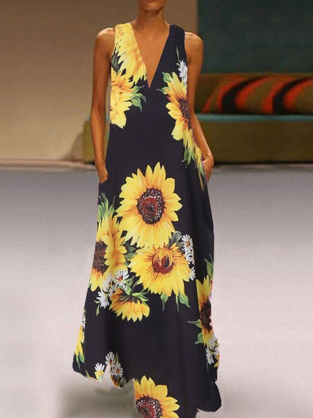 Maxi Dresses Floral Printed Sleeveless V-Neck Long Sundress