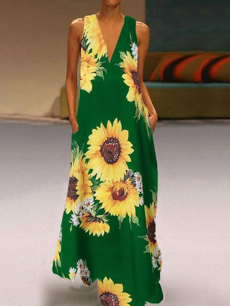 Maxi Dresses Floral Printed Sleeveless V-Neck Long Sundress