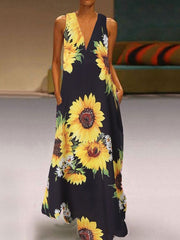 Maxi Dresses Floral Printed Sleeveless V-Neck Long Sundress