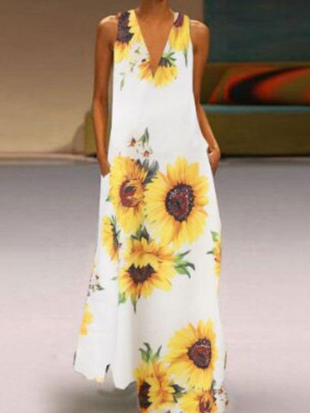 Maxi Dresses Floral Printed Sleeveless V-Neck Long Sundress