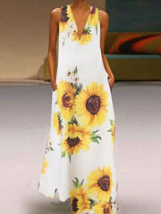 Maxi Dresses Floral Printed Sleeveless V-Neck Long Sundress