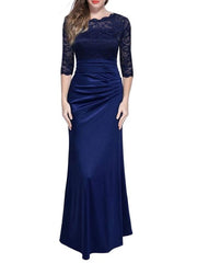 Maxi Dresses Half Sleeves Jewel Neck Polyester Floor Length Dress