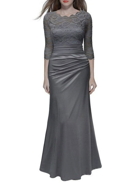 Maxi Dresses Half Sleeves Jewel Neck Polyester Floor Length Dress