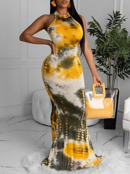 Maxi Dresses Jewel Neck Sleeveless Printed Cut Out Long Dress