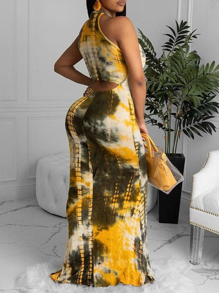Maxi Dresses Jewel Neck Sleeveless Printed Cut Out Long Dress