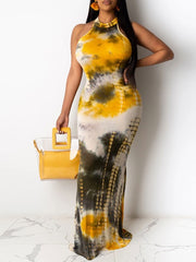 Maxi Dresses Jewel Neck Sleeveless Printed Cut Out Long Dress