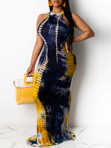 Maxi Dresses Jewel Neck Sleeveless Printed Cut Out Long Dress