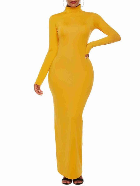 Maxi Dresses Long Sleeves High Collar Cotton Blend Floor Length Dress