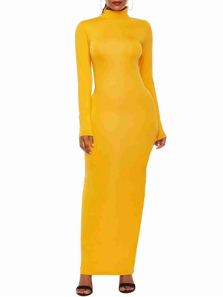 Maxi Dresses Long Sleeves High Collar Cotton Blend Floor Length Dress