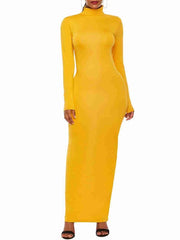 Maxi Dresses Long Sleeves High Collar Cotton Blend Floor Length Dress