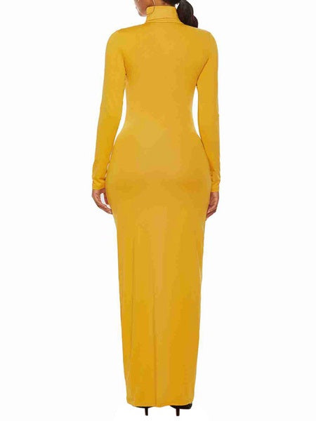 Maxi Dresses Long Sleeves High Collar Cotton Blend Floor Length Dress