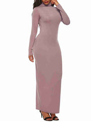 Maxi Dresses Long Sleeves High Collar Cotton Blend Floor Length Dress