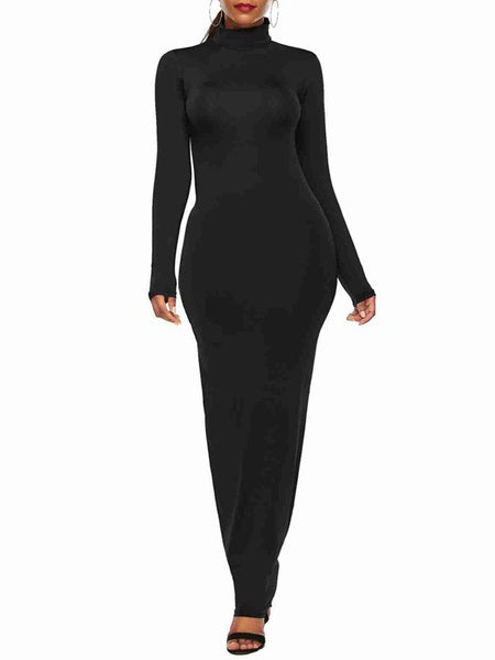 Maxi Dresses Long Sleeves High Collar Cotton Blend Floor Length Dress