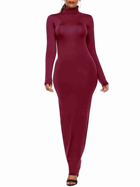 Maxi Dresses Long Sleeves High Collar Cotton Blend Floor Length Dress
