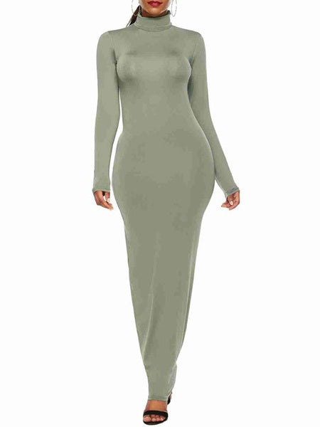 Maxi Dresses Long Sleeves High Collar Cotton Blend Floor Length Dress