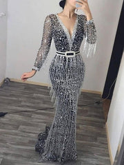 Maxi Dresses Long Sleeves Leopard Print V-Neck Fringe Layered Polyester Floor Length Dress