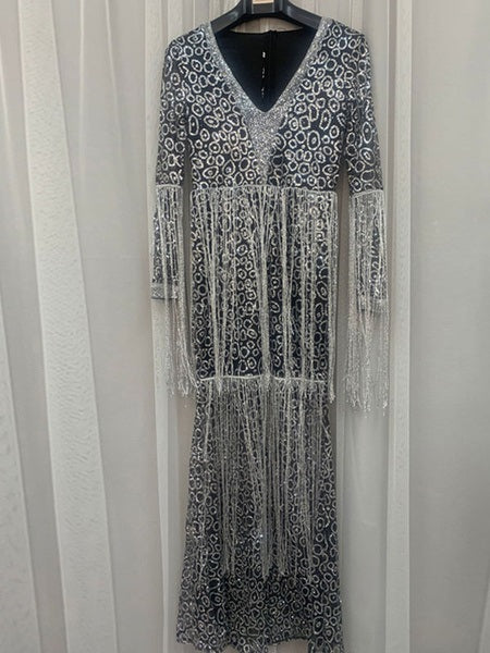 Maxi Dresses Long Sleeves Leopard Print V-Neck Fringe Layered Polyester Floor Length Dress