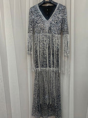 Maxi Dresses Long Sleeves Leopard Print V-Neck Fringe Layered Polyester Floor Length Dress