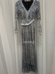 Maxi Dresses Long Sleeves Leopard Print V-Neck Fringe Layered Polyester Floor Length Dress