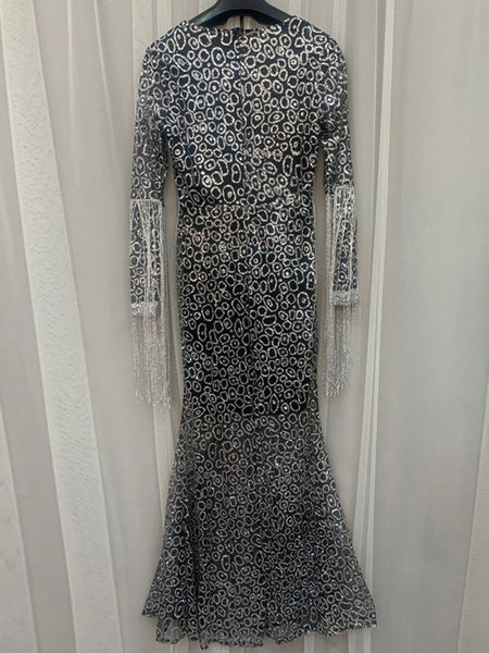 Maxi Dresses Long Sleeves Leopard Print V-Neck Fringe Layered Polyester Floor Length Dress