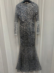Maxi Dresses Long Sleeves Leopard Print V-Neck Fringe Layered Polyester Floor Length Dress